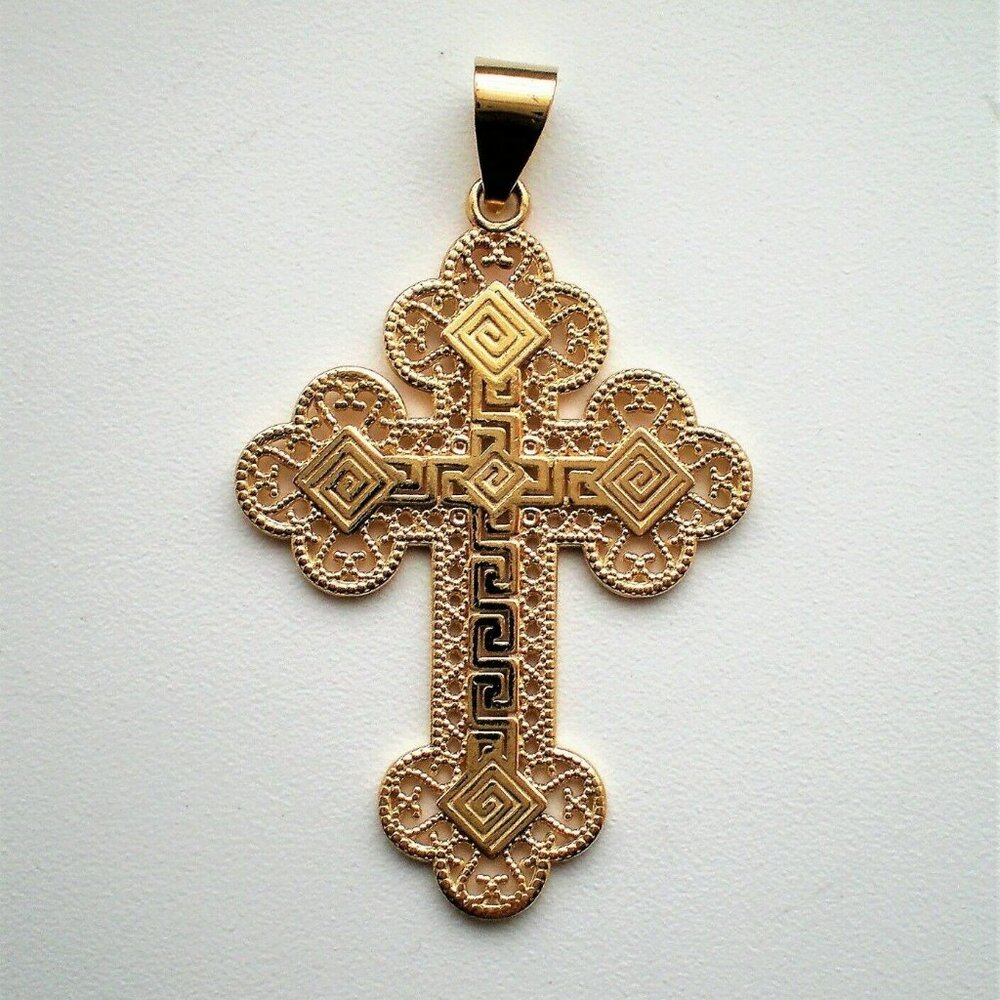 Vintage LARGE Designer 14K Yellow Gold Russian Orthodox Filigree Cross Pendant P